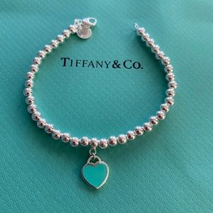 Tiffany Silver Beads Bracelet with Mini Blue Heart Tag